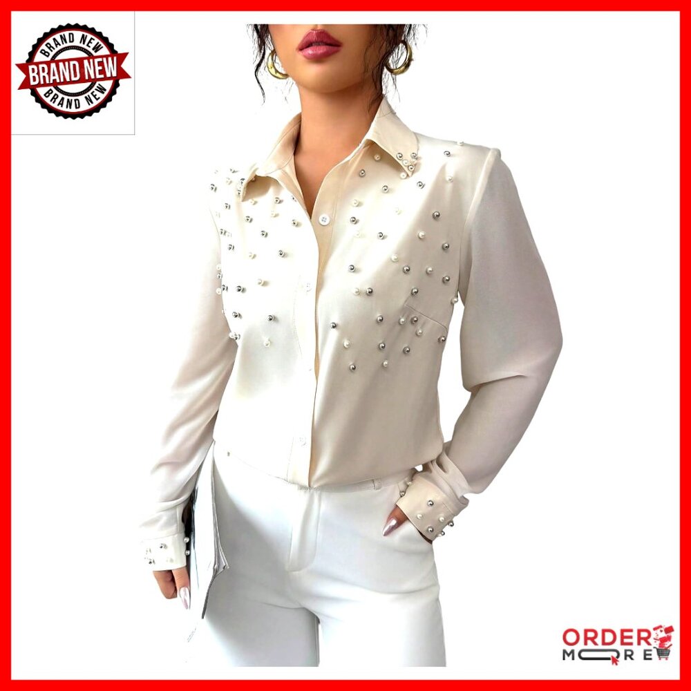 Pearl Beaded Button Down Blouse Long Sleeve Work Office Shirt